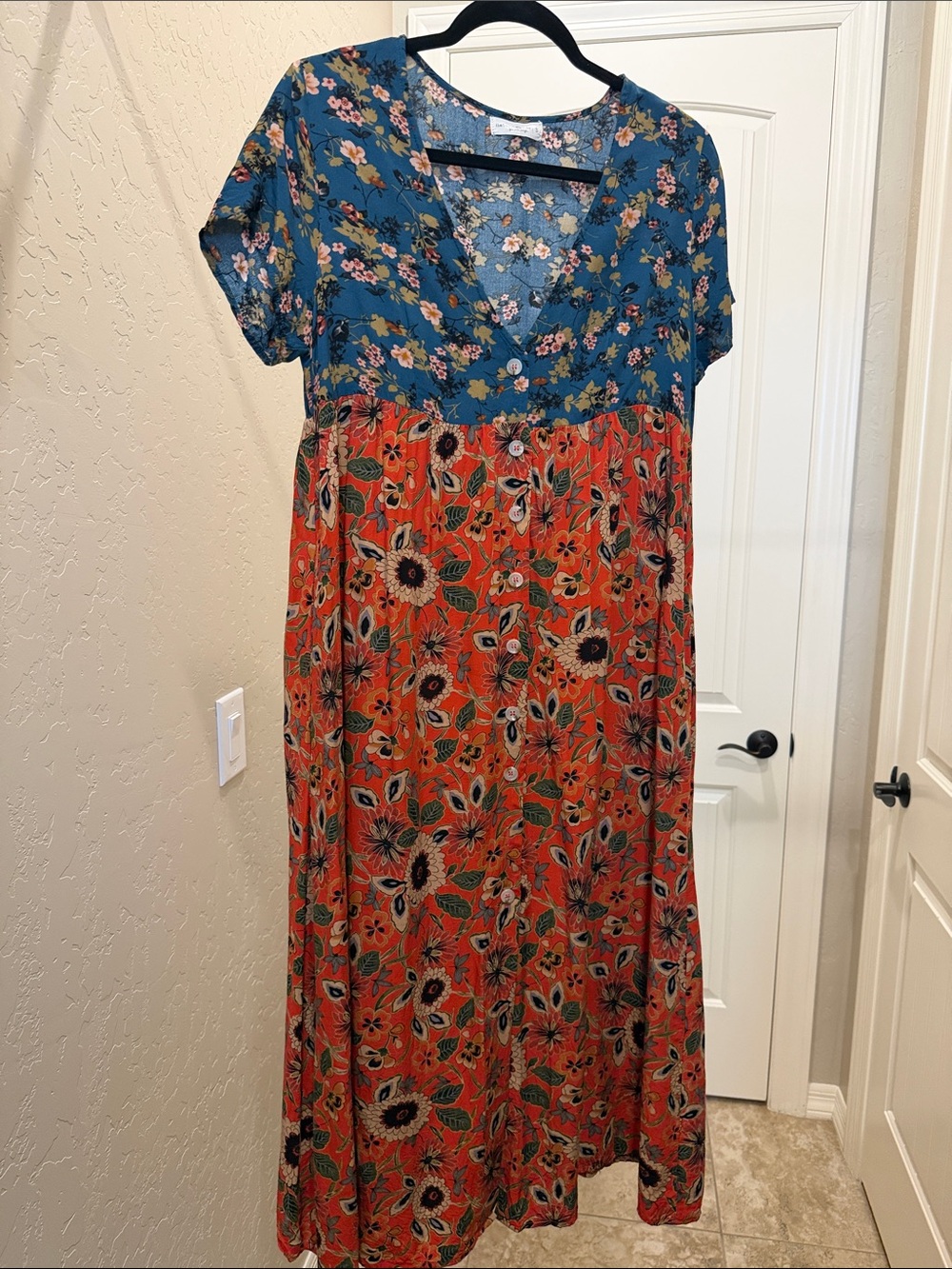 NATURAL LIFE Teal & Orange Floral V-Neck Maxi Dress EUC